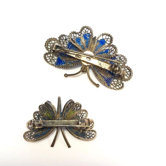 Vintage Silver Enamel Butterfly Brooch Guilloche Filigree Pin Set (2) - Picture 5 of 9